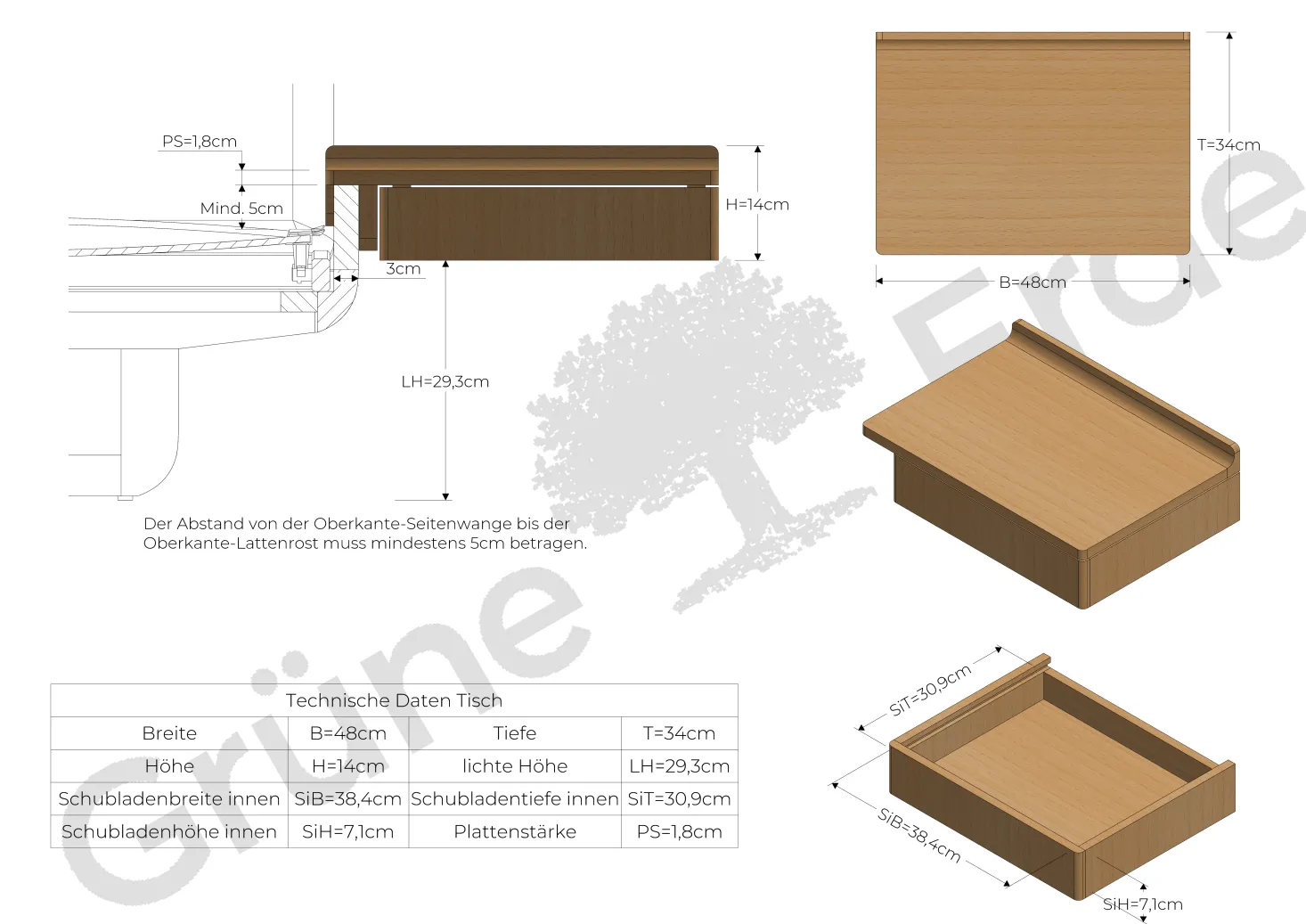 Ablageboard Sidu mit LadeB 48 x T 34 x H 14 cm (Buche, rechts)