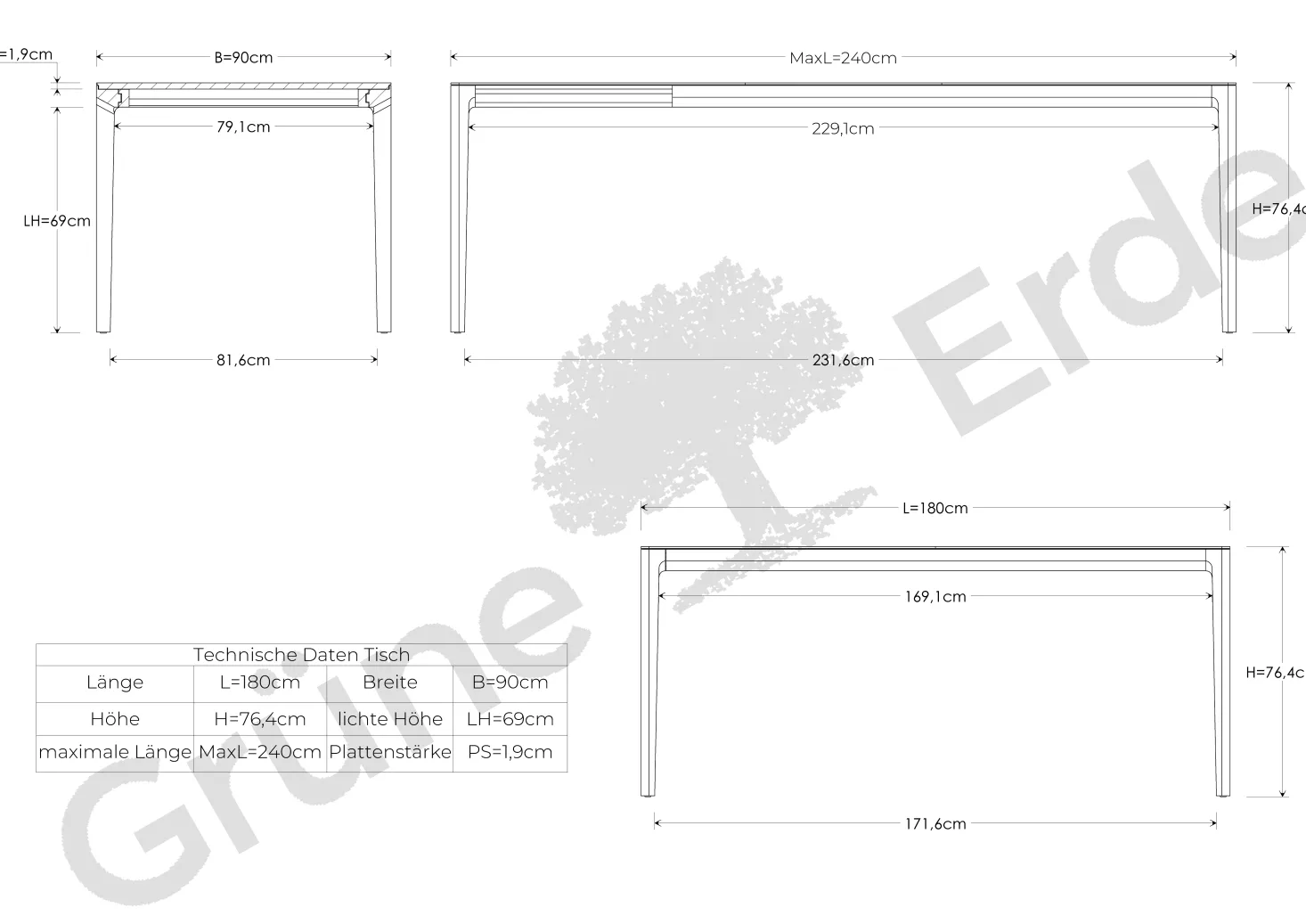 Ausziehtisch Tenso(Eiche, L 180/240 x B 90 cm)