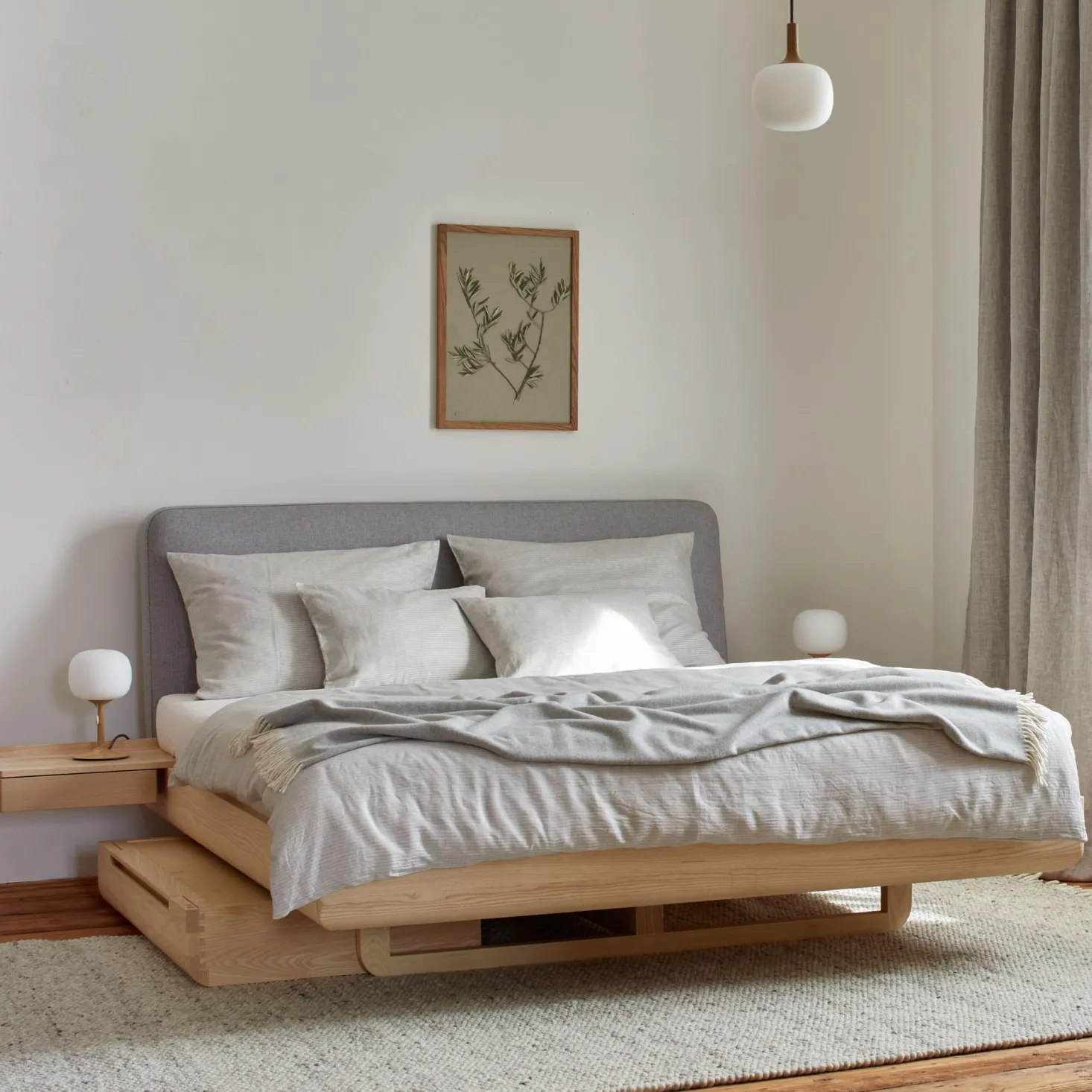 Bett Almara(Wollstoff Kaland kiesel, Esche, 160 x 200 cm)