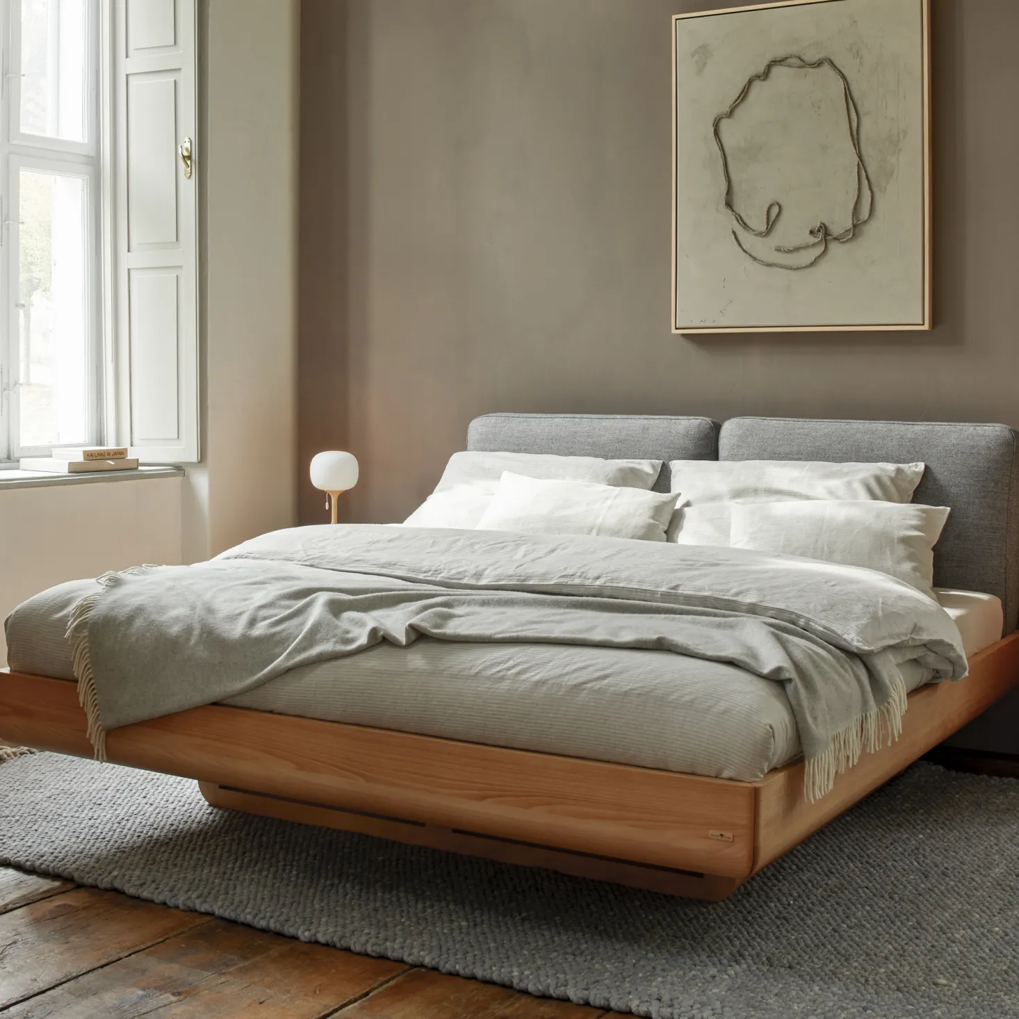 Bett Almara(Wollstoff Stavang stein, Buche, 200 x 200 cm)