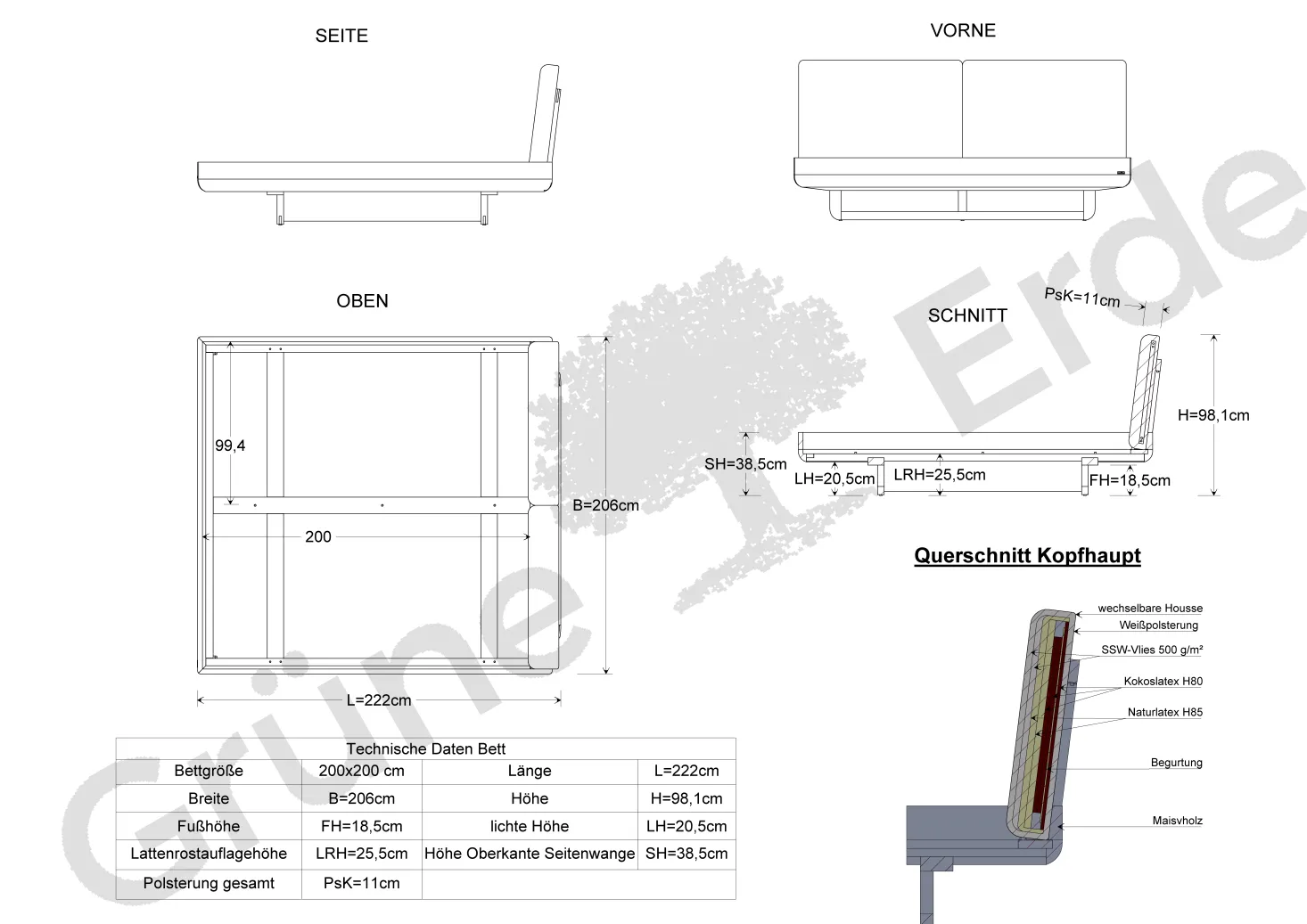 Bett Almara(Wollstoff Stavang stein, Esche, 200 x 200 cm)