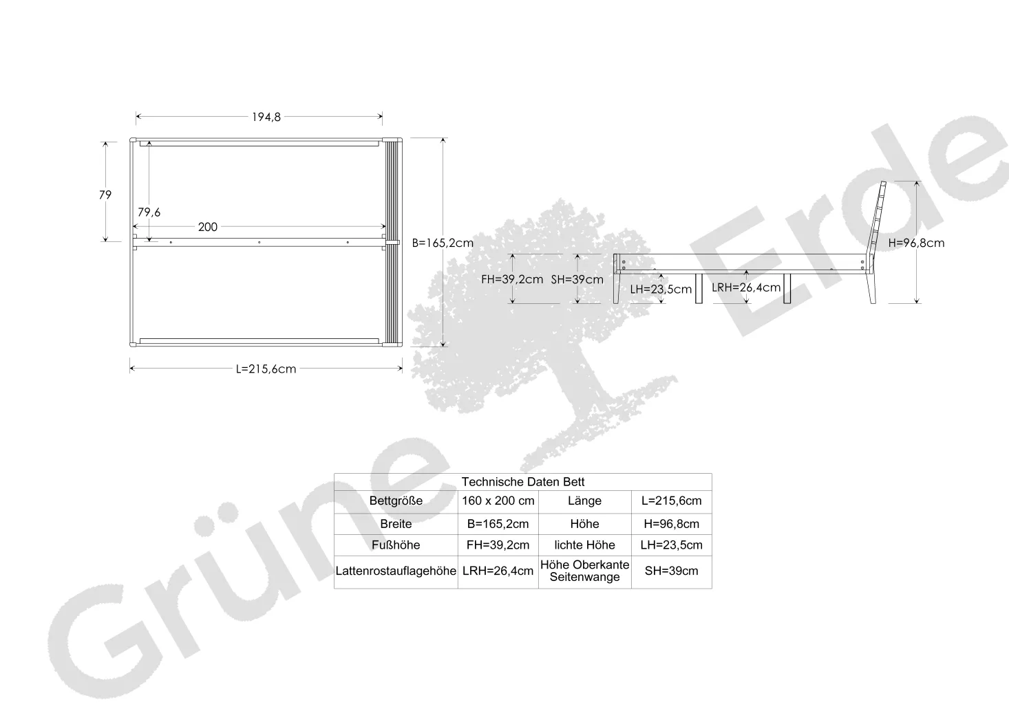 Bett Almeno mit Sprossenbetthaupt horizontal(Buche, 160 x 200 cm)
