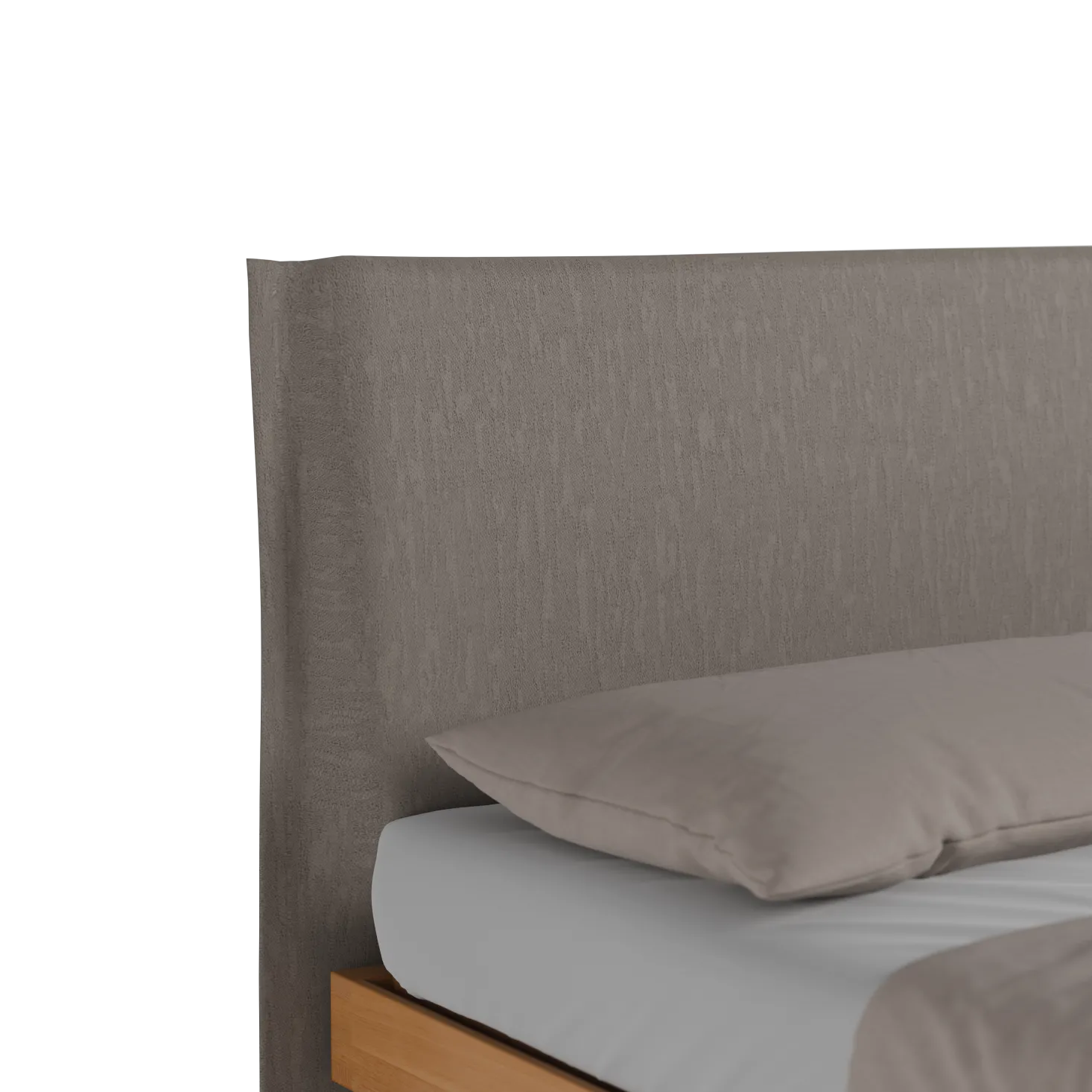 Bett Jukai Pur mit Stegbetthaupt(Baumwollstoff Ondula Taupe, Buche, 140 x 200 cm, mit Betthaupt und Betthaupthousse)