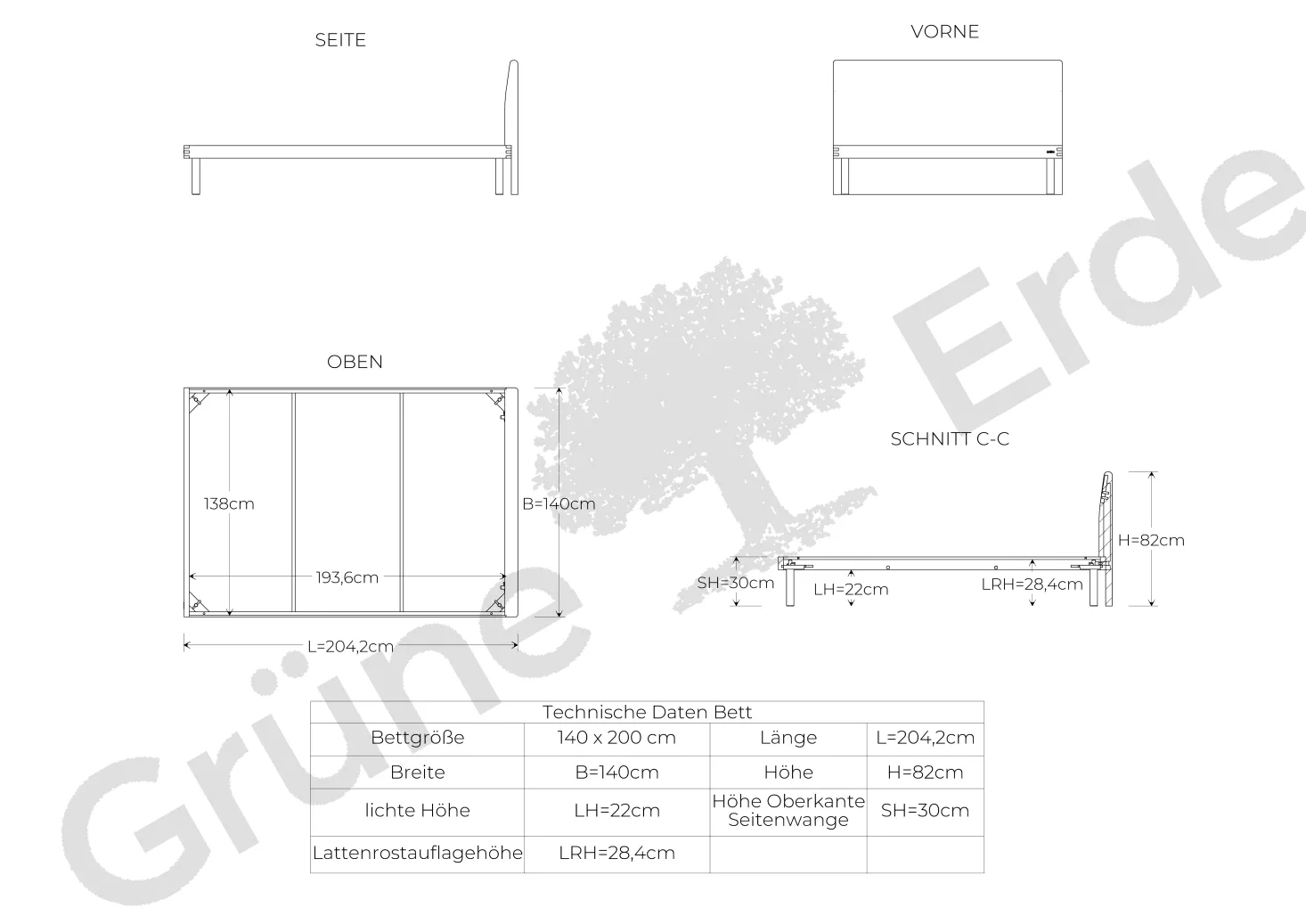 Bett Jukai Pur mit Stegbetthaupt(Baumwollstoff Ondula Taupe, Buche, 140 x 200 cm, mit Betthaupt und Betthaupthousse)