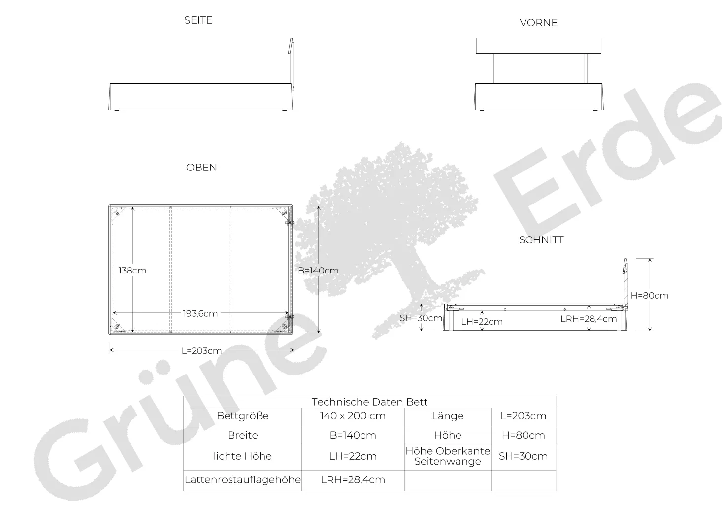 Bett Jukai Pur mit Stegbetthaupt(Baumwollstoff Ondula Taupe, Buche, 140 x 200 cm, mit Betthaupt und Bettrahmenhousse)