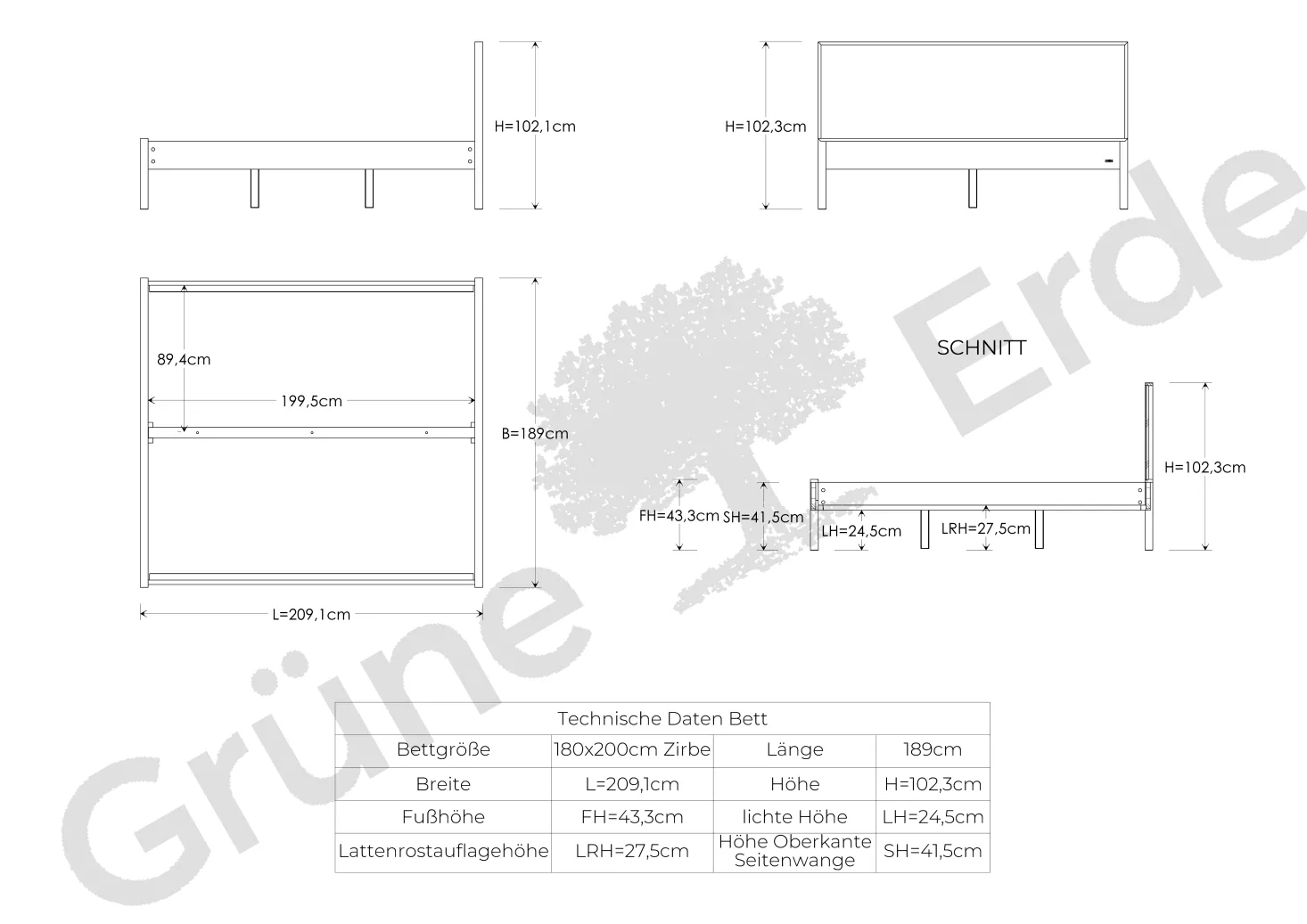Bett Kiramo(Holz, Zirbe, 180 x 200 cm)