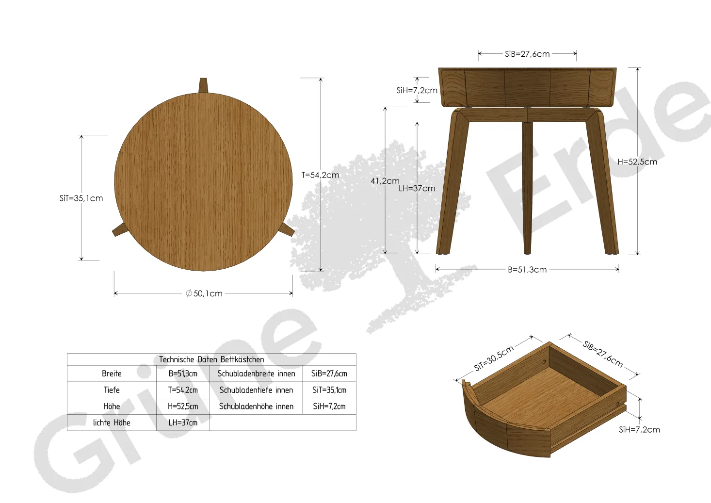 Bettkästchen/Beistelltisch Mitsu mit einer SchubladeH 52,5 cm, ø 50 cm (Esche)