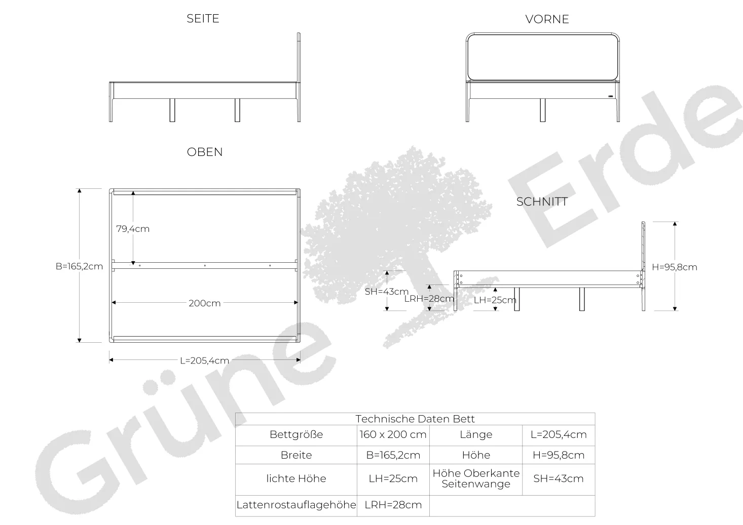 Bett Tenso mit Holzbetthaupt(Eiche, 160 x 200 cm)