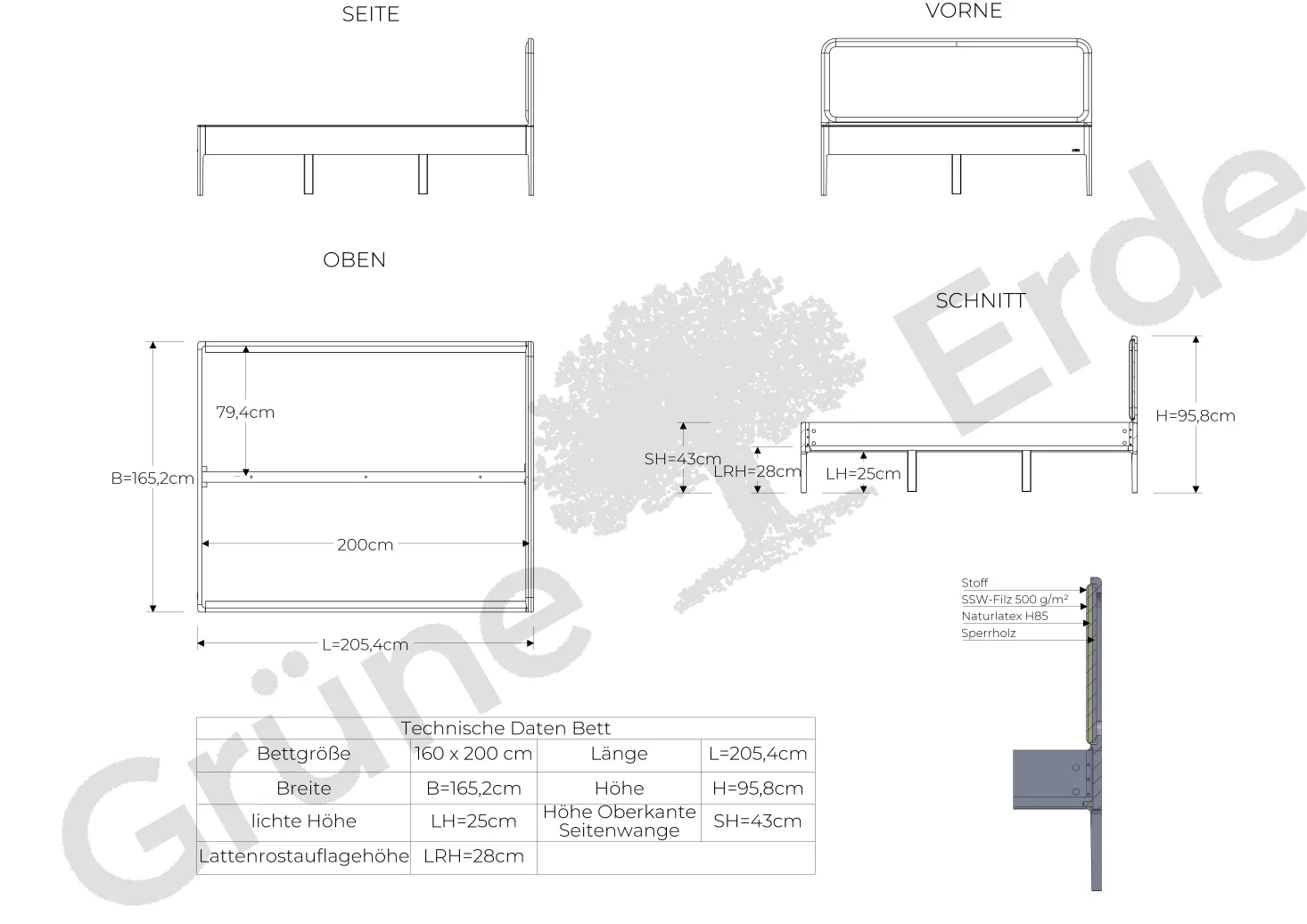 Bett Tenso mit Polsterbetthaupt(Wollstoff Tano natur hell, Esche, 160 x 200 cm)