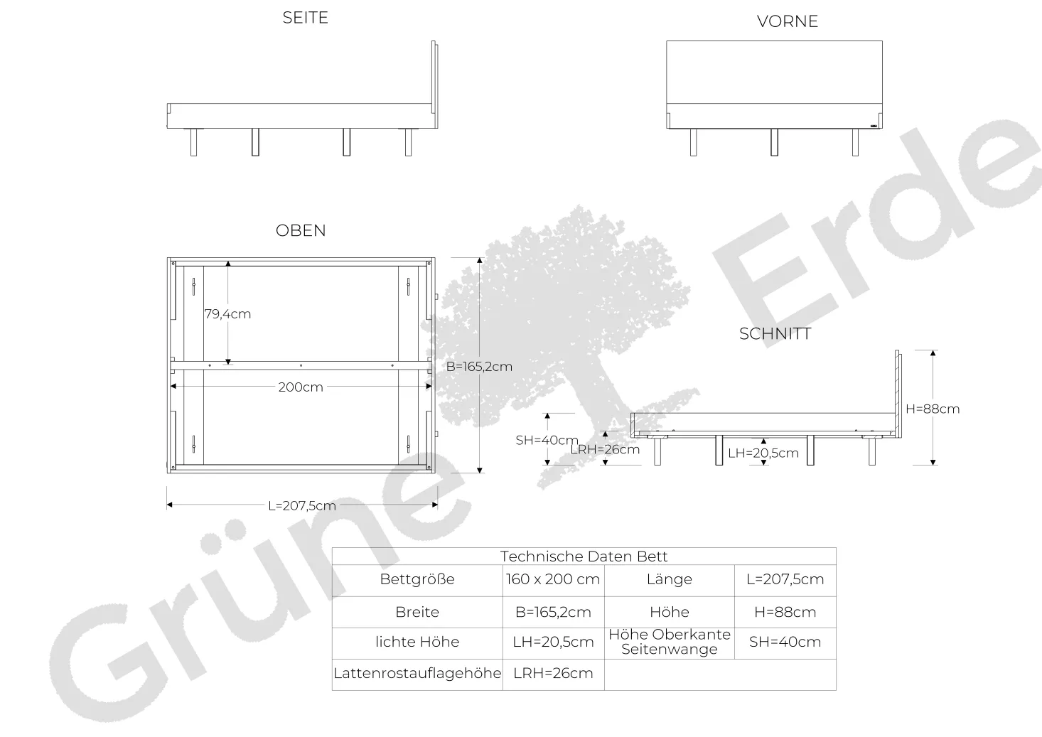 Bett Tesoro mit Holzbetthaupt(Eiche, 160 x 200 cm)