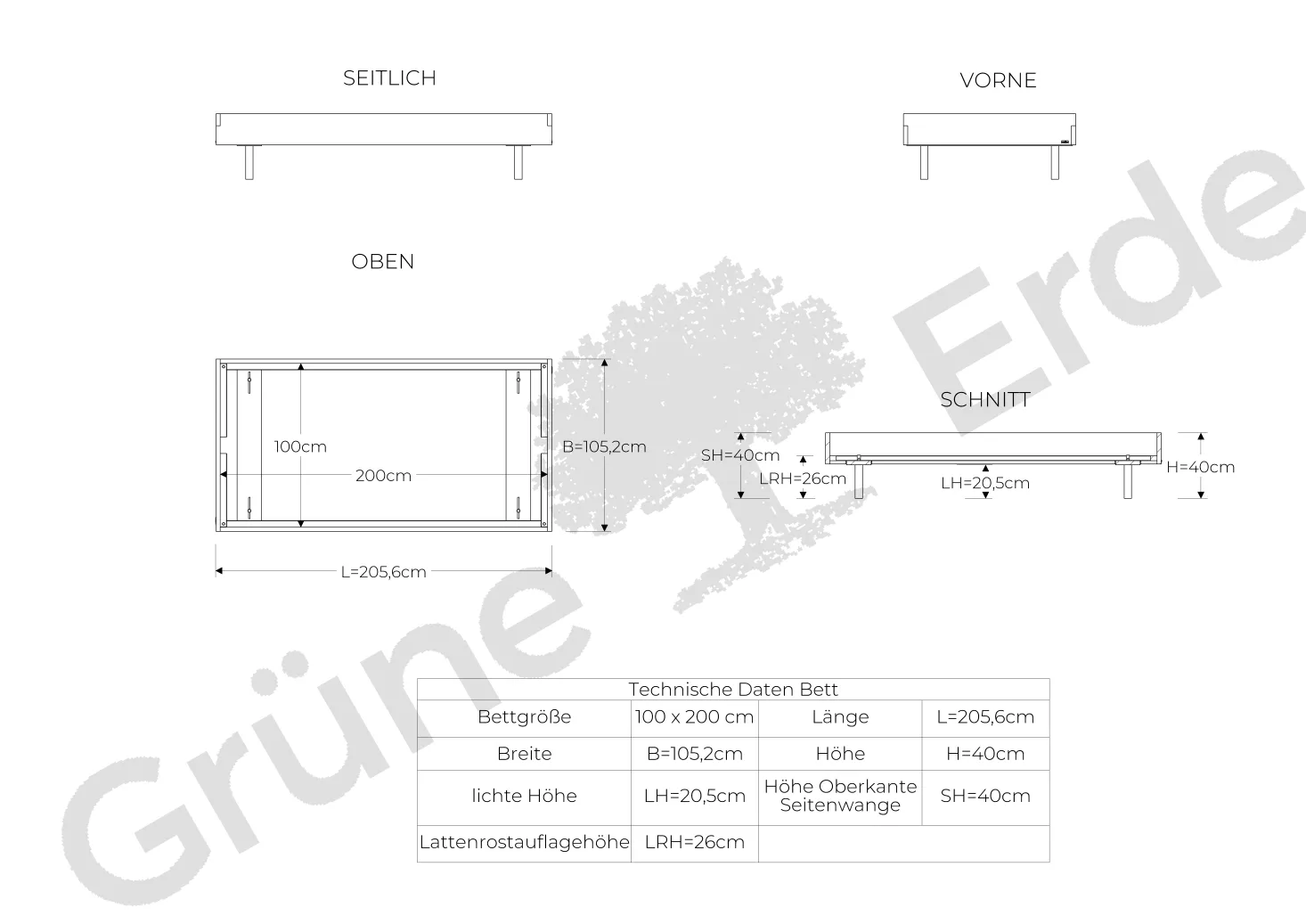 Bett Tesoroohne Betthaupt (Kernbuche, 100 x 200 cm)