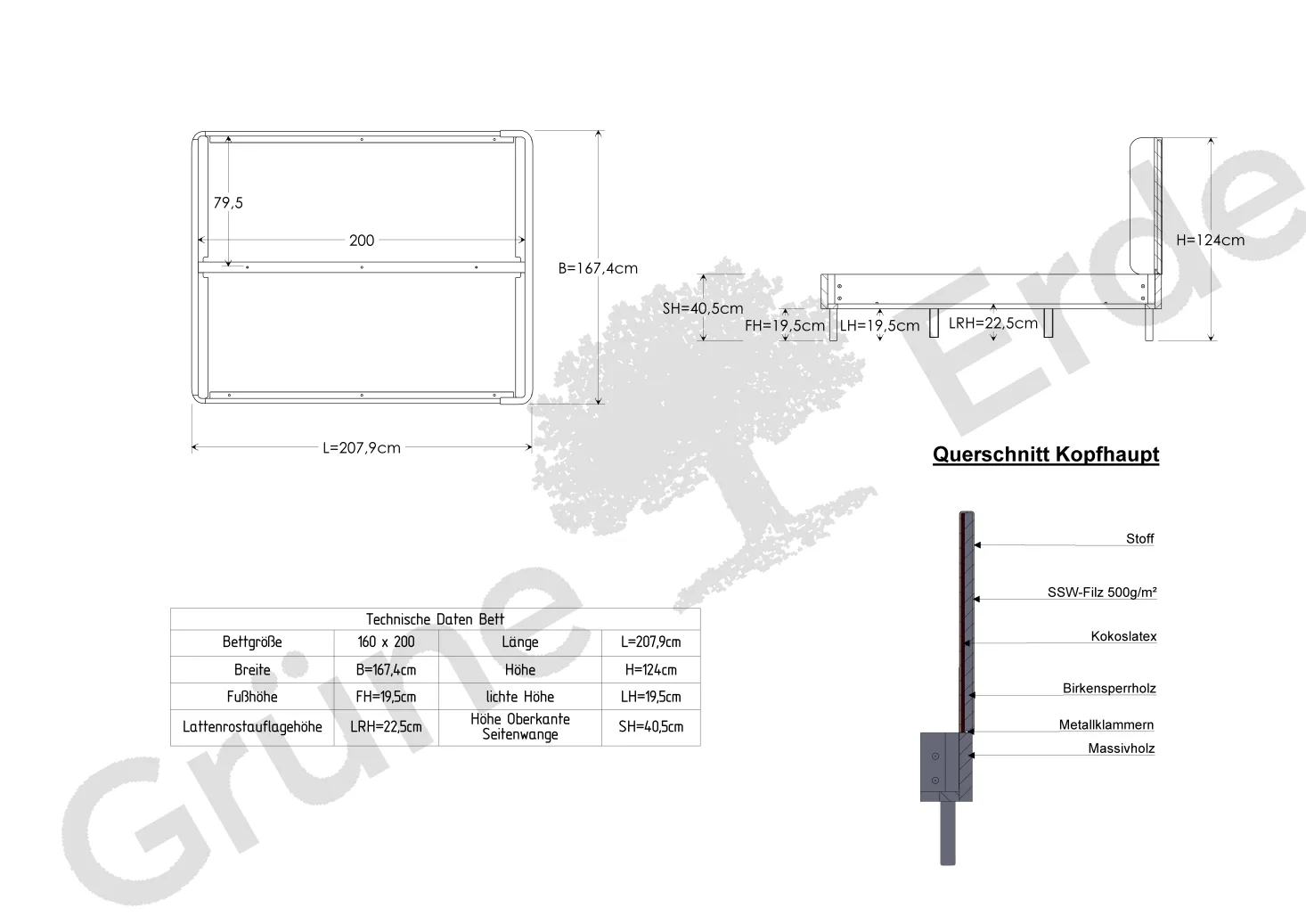 Bett Tonda mit Polsterbetthaupt(Wollstoff Tano natur, Buche, 160 x 200 cm, mit hohem Polsterbetthaupt)