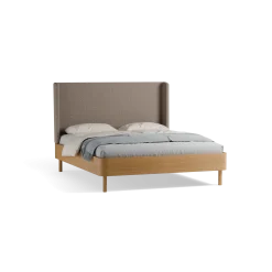 Bett Tonda mit Polsterbetthaupt(Wollstoff Tano natur, Eiche, 160 x 200 cm, mit hohem Polsterbetthaupt)