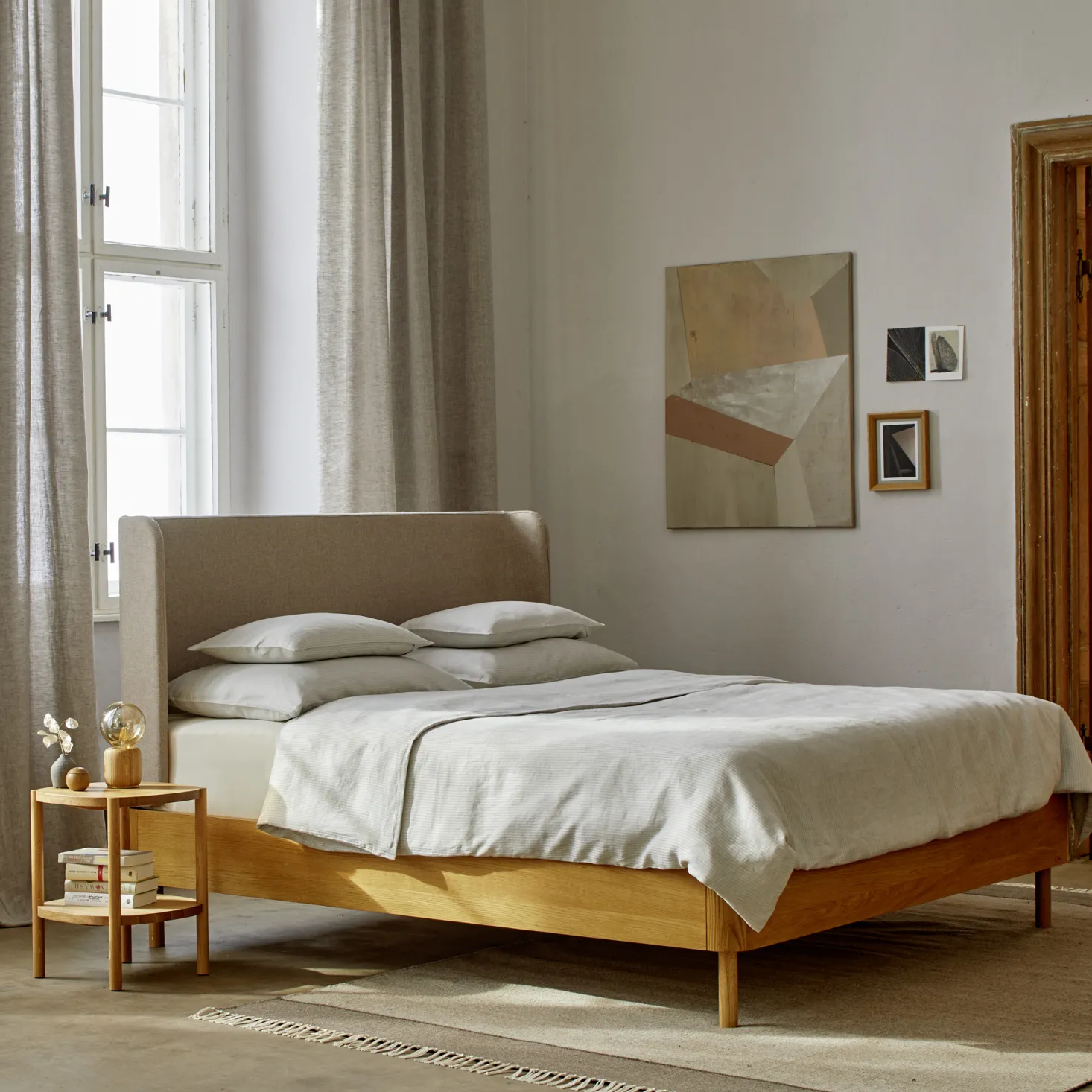 Bett Tonda mit Polsterbetthaupt(Wollstoff Tano natur, Eiche, 160 x 200 cm, mit hohem Polsterbetthaupt)