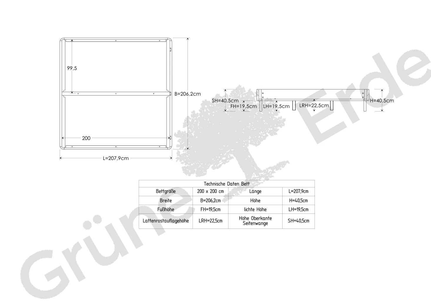 Bett Tonda ohne Betthaupt(Eiche, 200 x 200 cm)