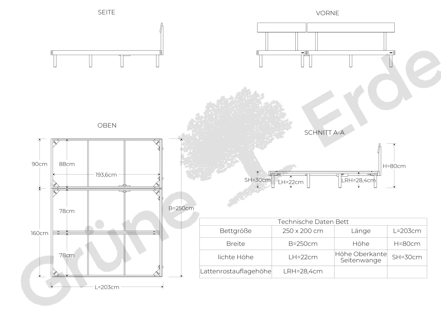 Familienbett Jukai Pur mit Stegbetthauptinkl. Lattenrost, 250 x 200 cm (Eiche)