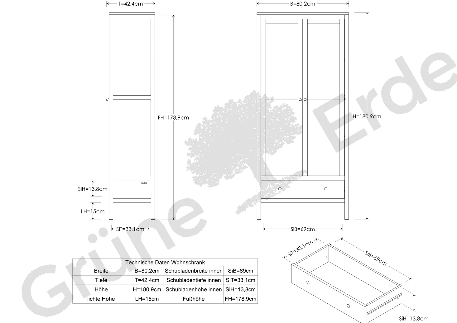 Glasschrank Ettore mit einer Lade(1 FB fix, 2 FB variabel) B 80 x T 40 x H 180.9 cm (Buche)