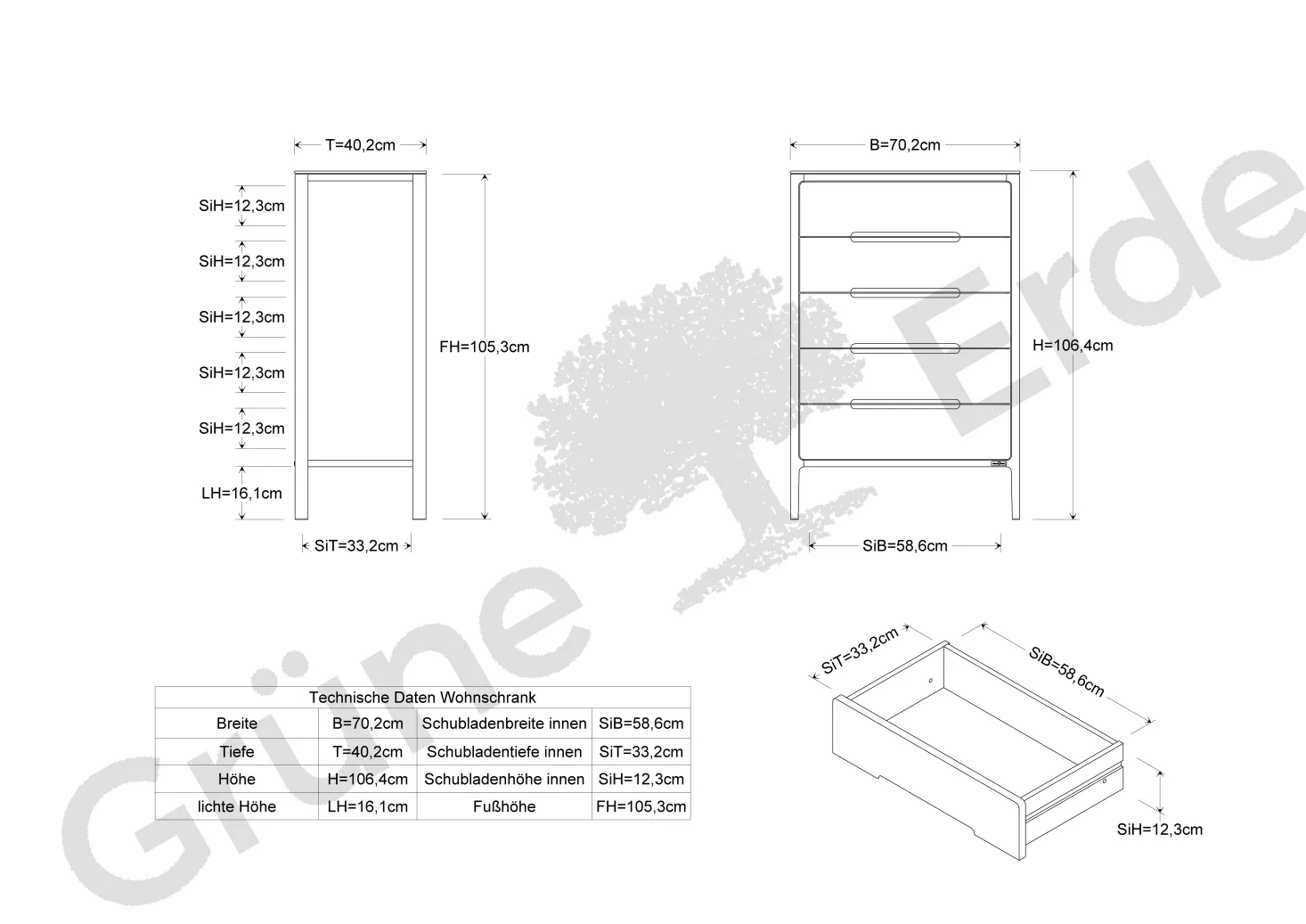 Highboard Tenso(Kernbuche, 5 Laden, 70,2)