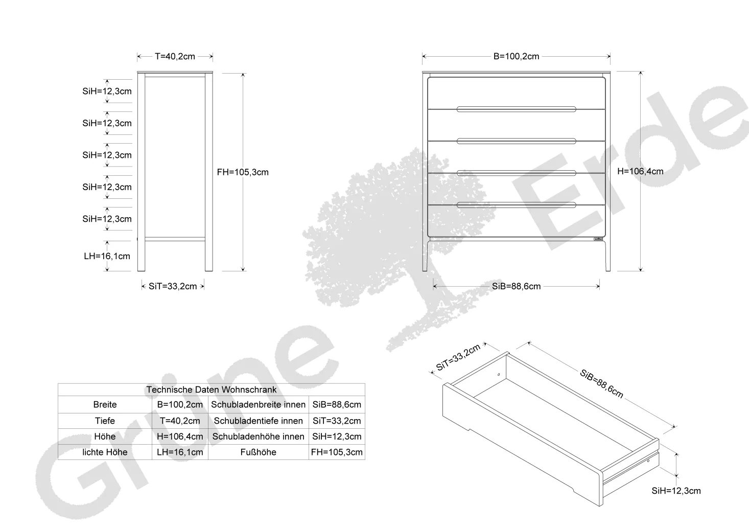 Highboard Tenso(Kernbuche, 5 Laden, 100,2)