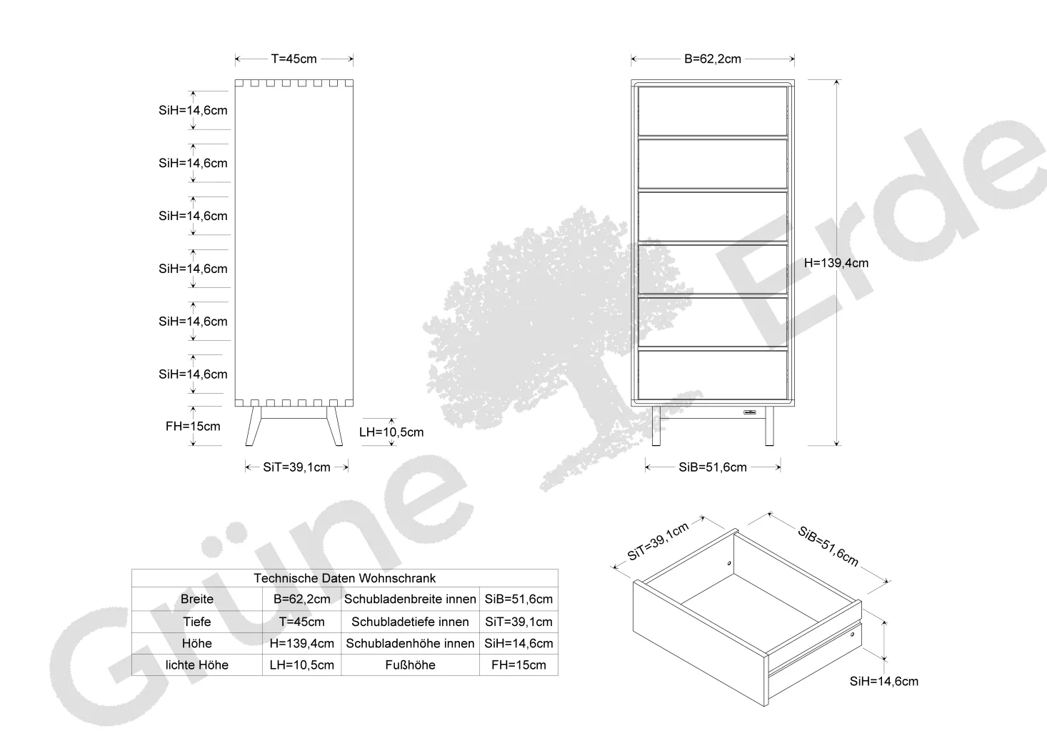 Highboard Tesoro mit 6 Laden B 62 x T 45 x H 139 cm(Zirbe)