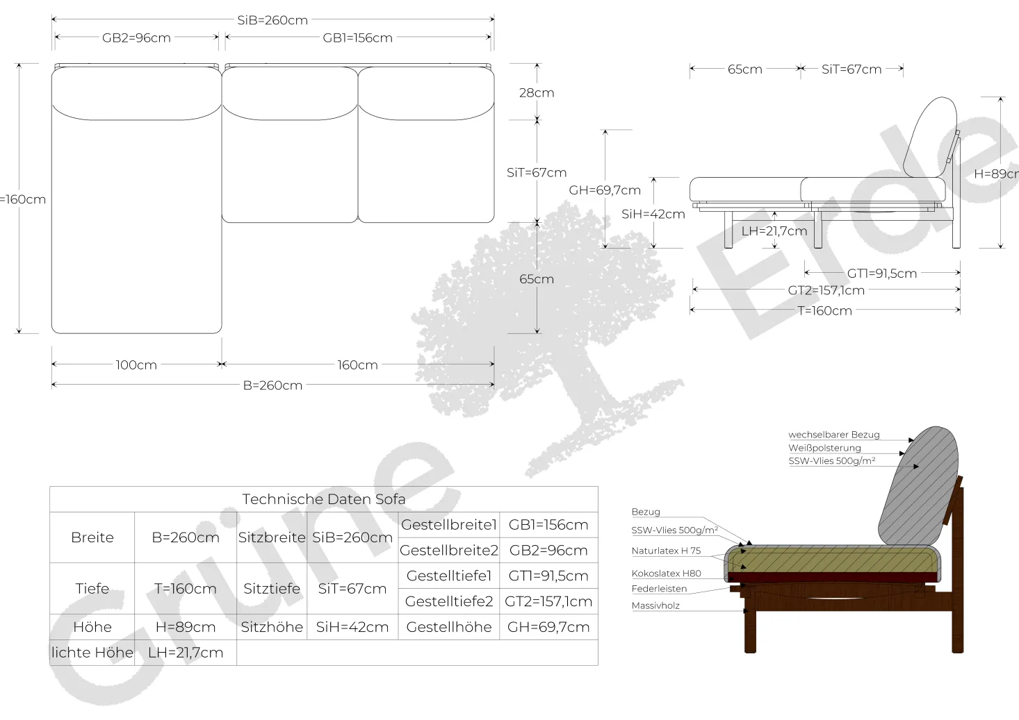 Loungesofa Lana(Wollstoff Stavang haselnuss, Eiche, 260 x 160 cm mit Liegeteil links/re)