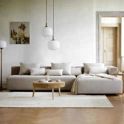 Lounge-Sofa Sereno mit Schlaffunktion, B 320,5 x T 180 cm(Wollstoff Tano natur, Buche, Liegeteil rechts)