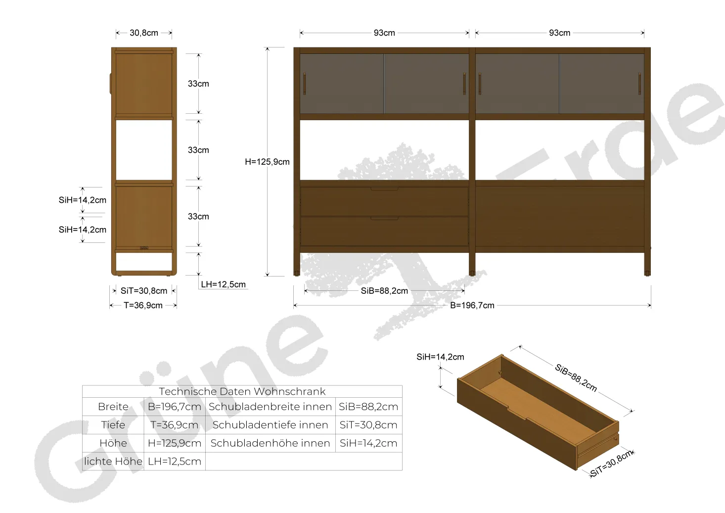 Regal QuintumVariante 3, B 1965 x T 360 x H 1255 mm (Eiche)