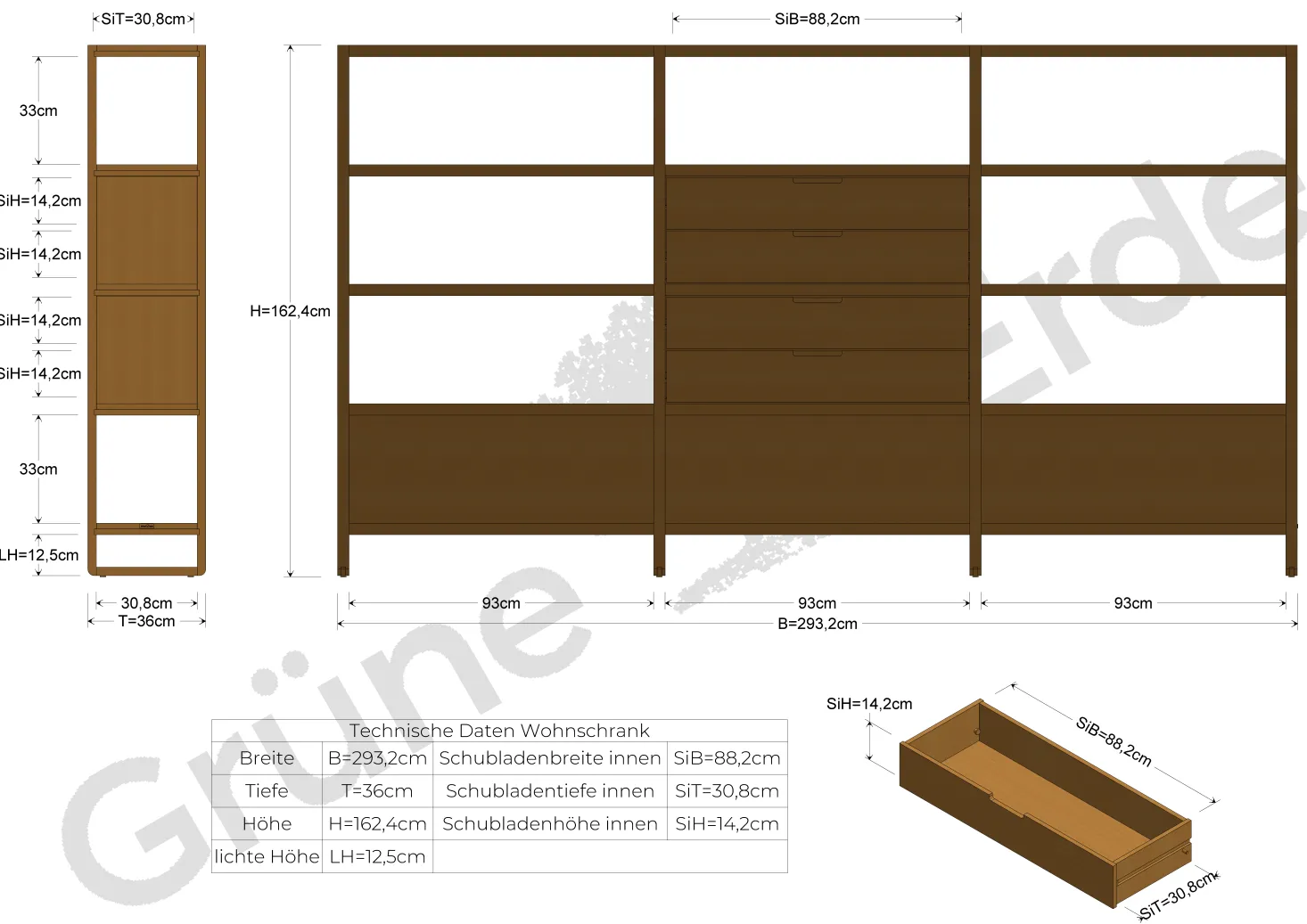 Regal QuintumVariante 13, B 2930 x T 360 x H 1620 mm (Eiche)