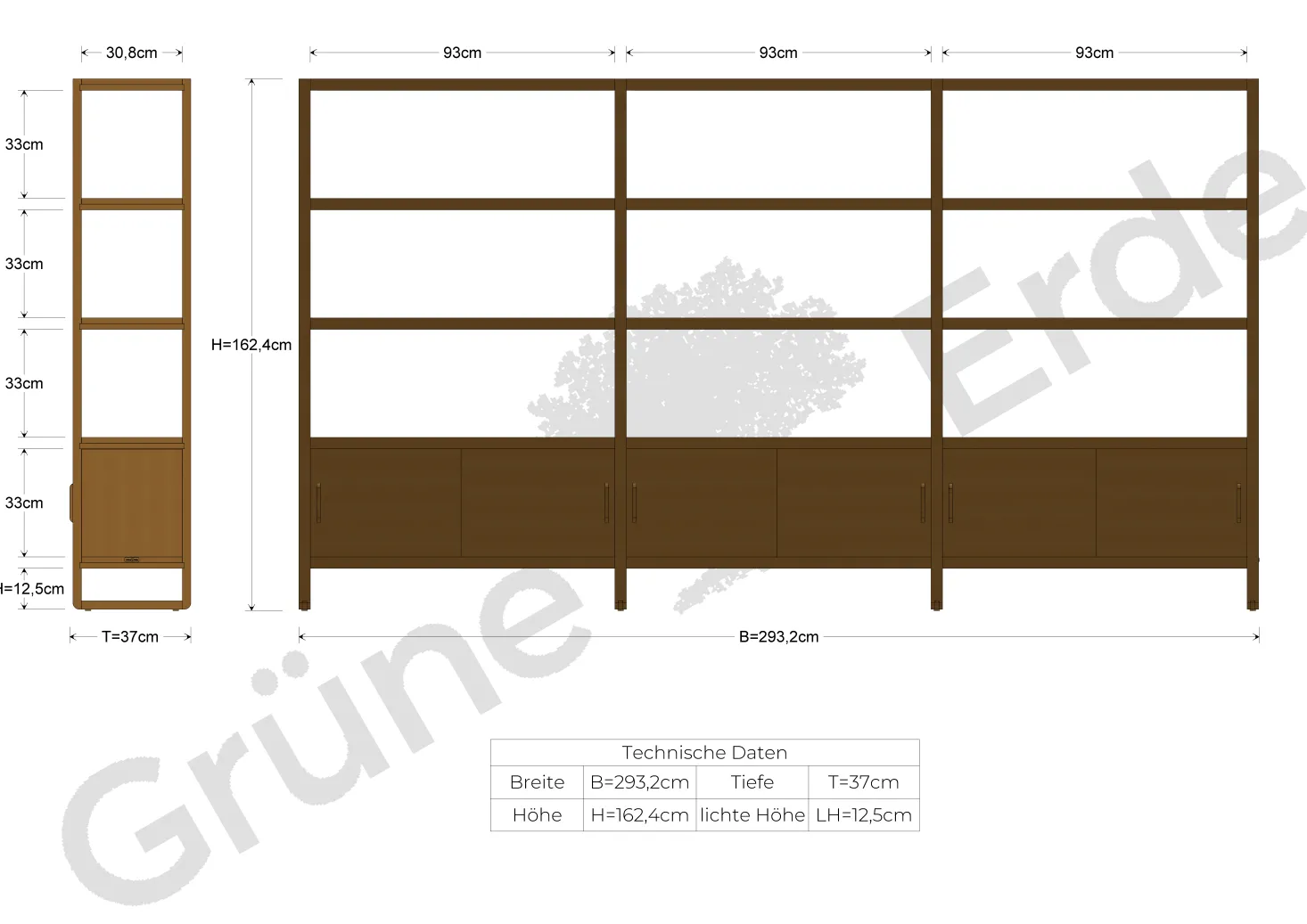 Regal QuintumVariante 14, B 2930 x T 360 x H 1620 mm (Eiche)