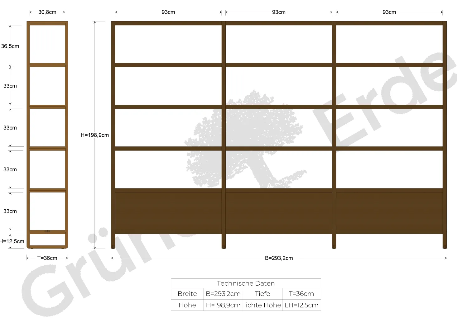 Regal QuintumVariante 15, B 2930 x T 360 x H 1985 mm (Eiche)