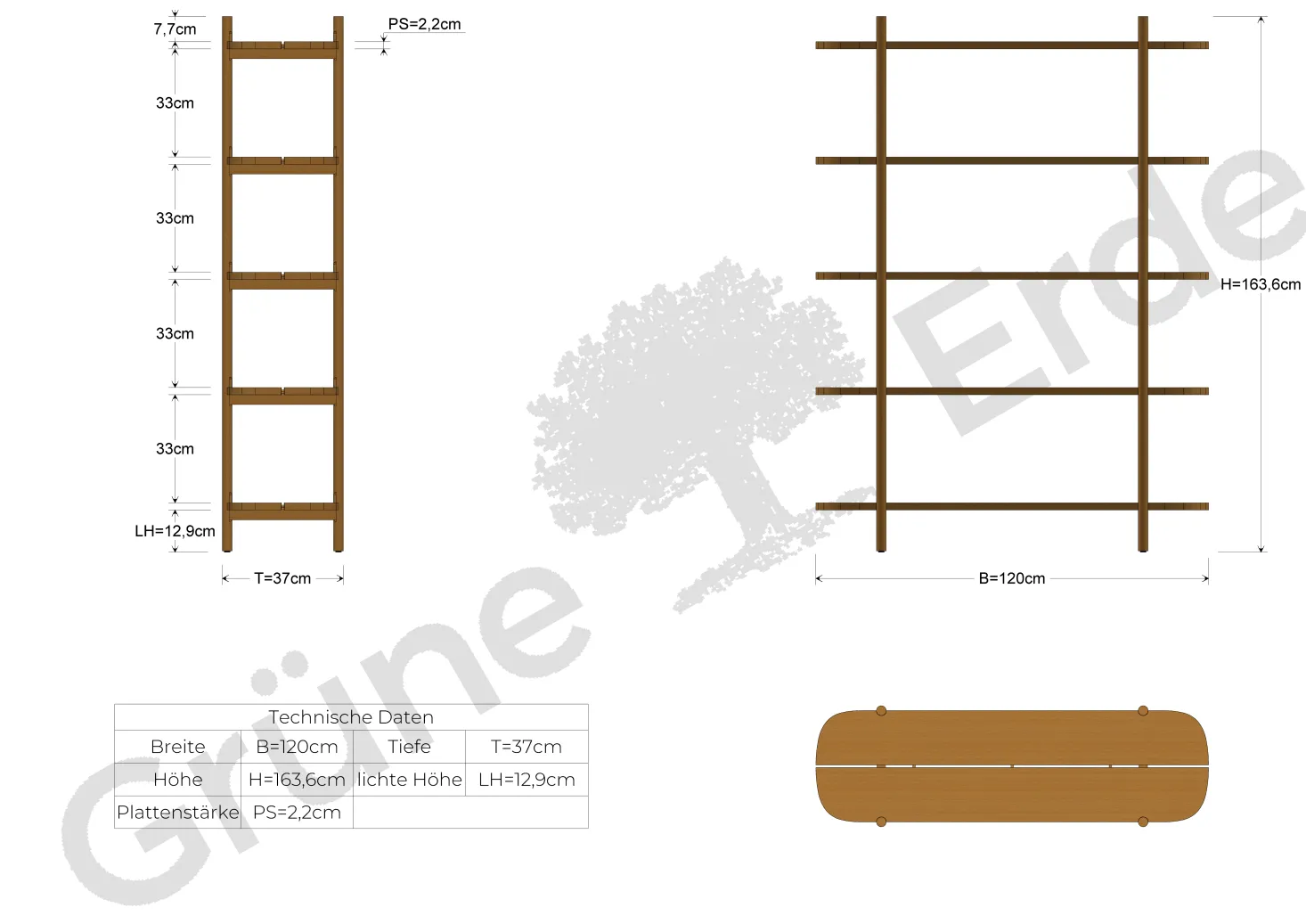 Regal TondaBreite 120 cm (Buche, 5 Fächer)