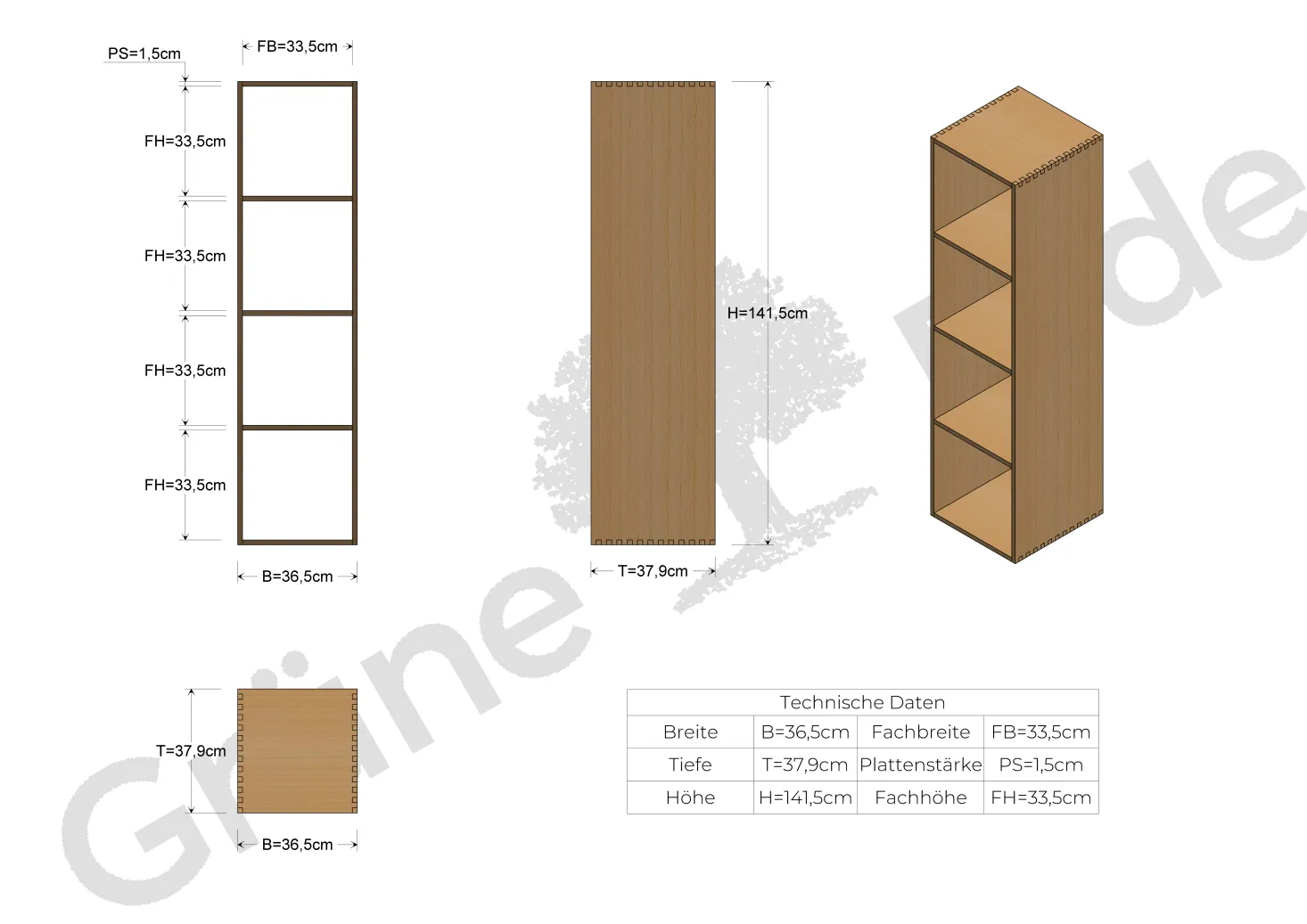 Regal Yunit Pur(Buche, 1 x 4 Fächer)