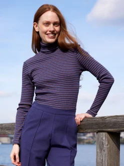 Rollkragenshirt aus Bio Baumwolle(royalblau/rosenholz ringel, XS)