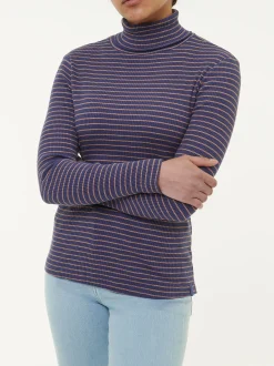 Rollkragenshirt aus Bio Baumwolle(royalblau/rosenholz ringel, XS)