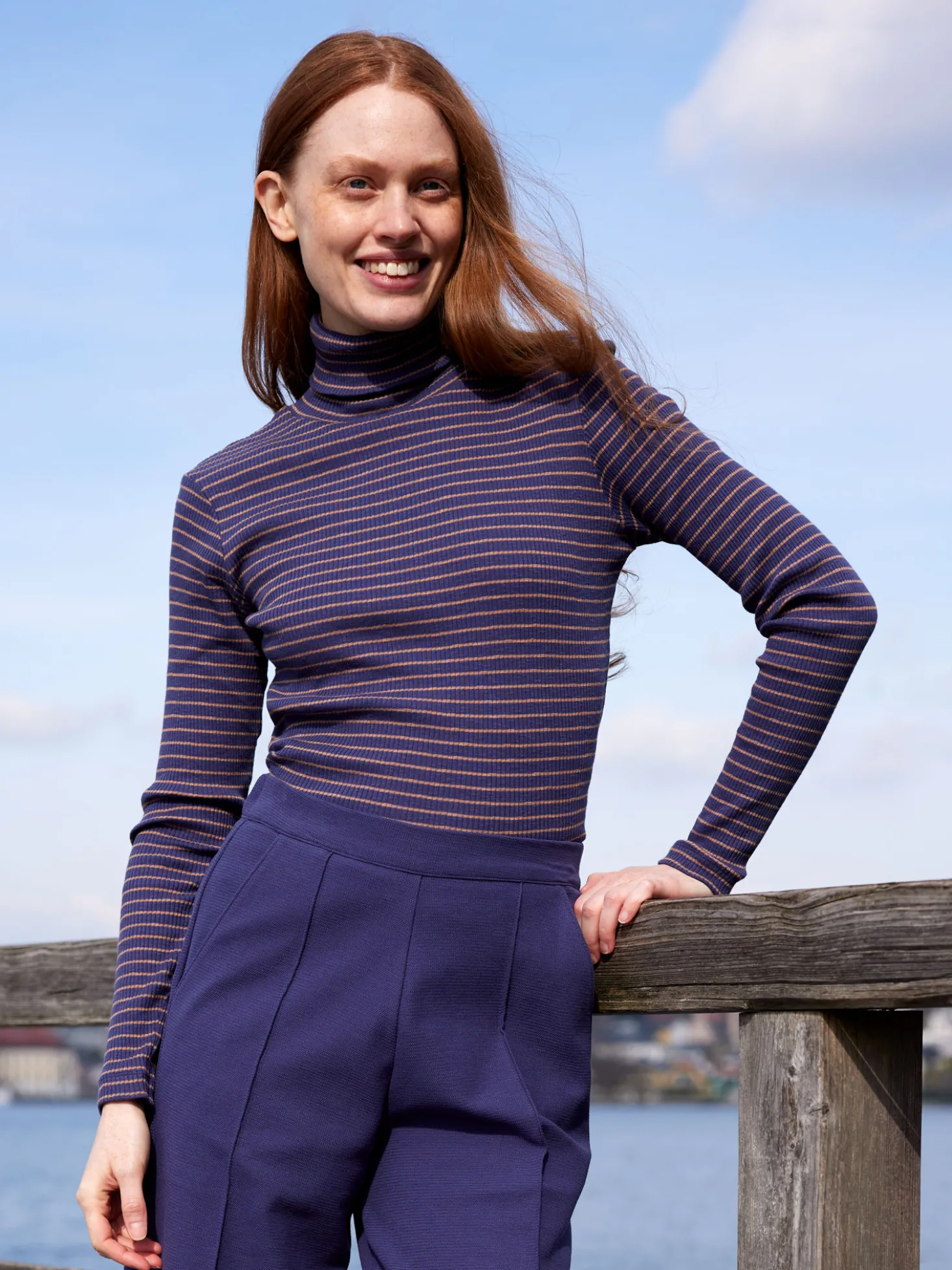 Rollkragenshirt aus Bio Baumwolle(royalblau/rosenholz ringel, XXS)