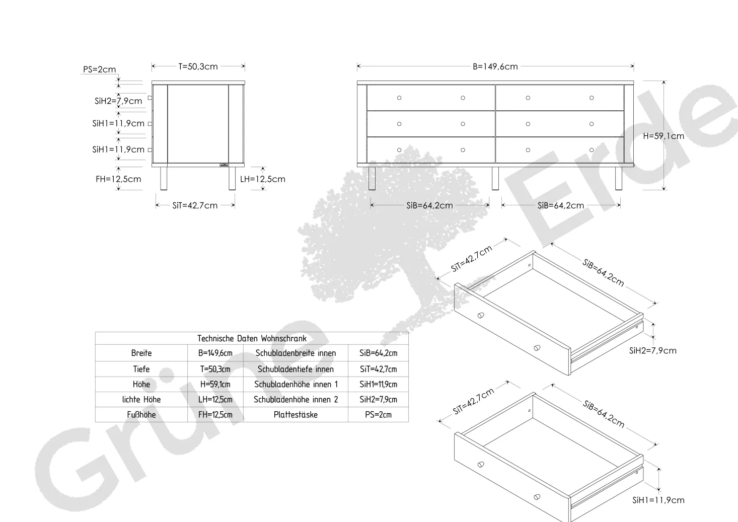 Schrank Tonda 6 LadenB 149,6x T 50x H 59,1 cm, (Eiche)
