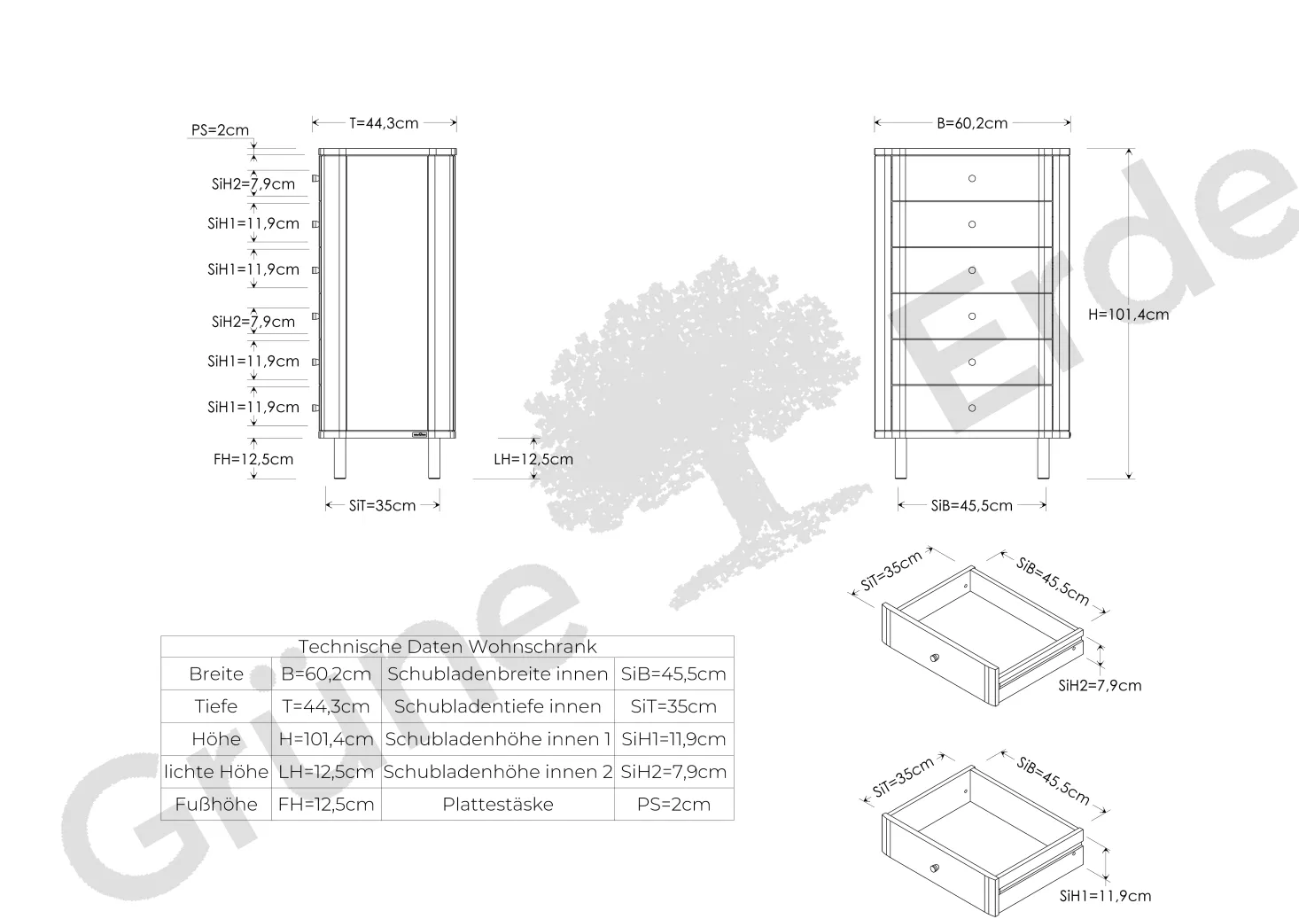 Schrank Tonda 6 LadenB 60 x T 42 x H 101,4 cm (Eiche)