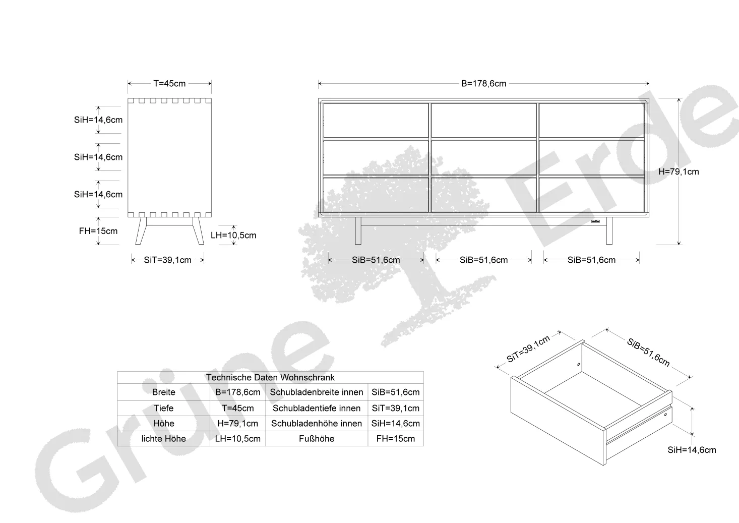 Sideboard Tesoro mit 9 Laden B 178 x T 45 x H 79 cm(Zirbe)
