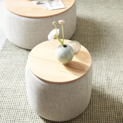 Tambor Sofatisch/Hocker mit Stauraum u. Holzdeckel(Wollstoff Tano natur, Buche, ø 39 cm)