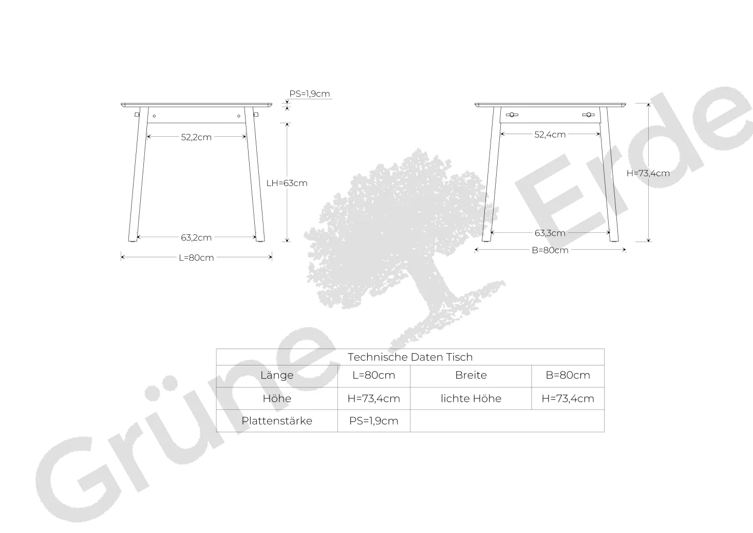 Tisch Yuto Pur(Buche, L 80 x B 80 cm)