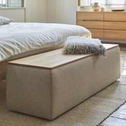 Truhe Tambor rechteckigB 143 cm x T 48 cm x H 41 cm (Wollstoff Tano natur, Eiche)