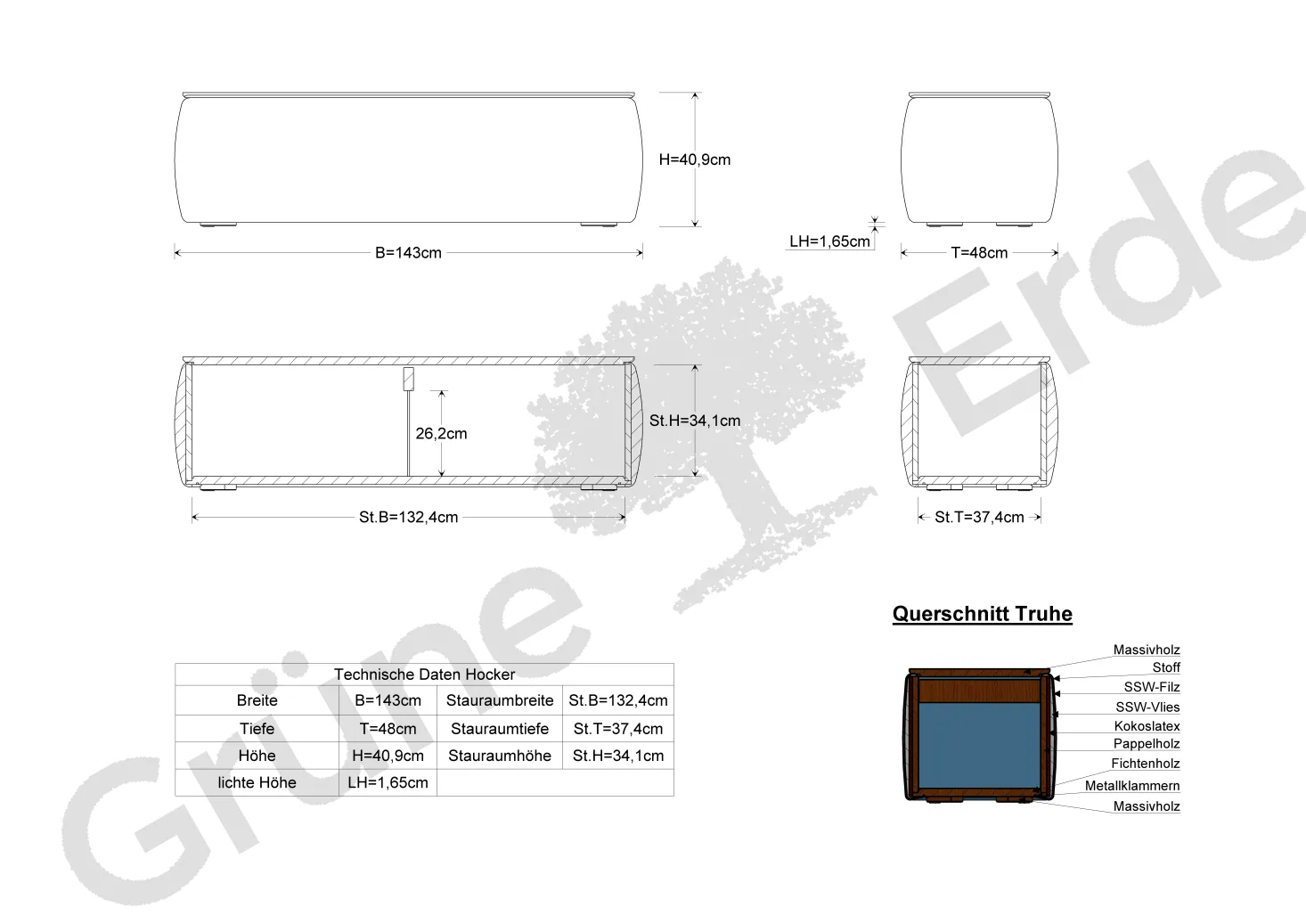 Truhe Tambor rechteckigB 143 cm x T 48 cm x H 41 cm (Wollstoff Tano natur, Eiche)