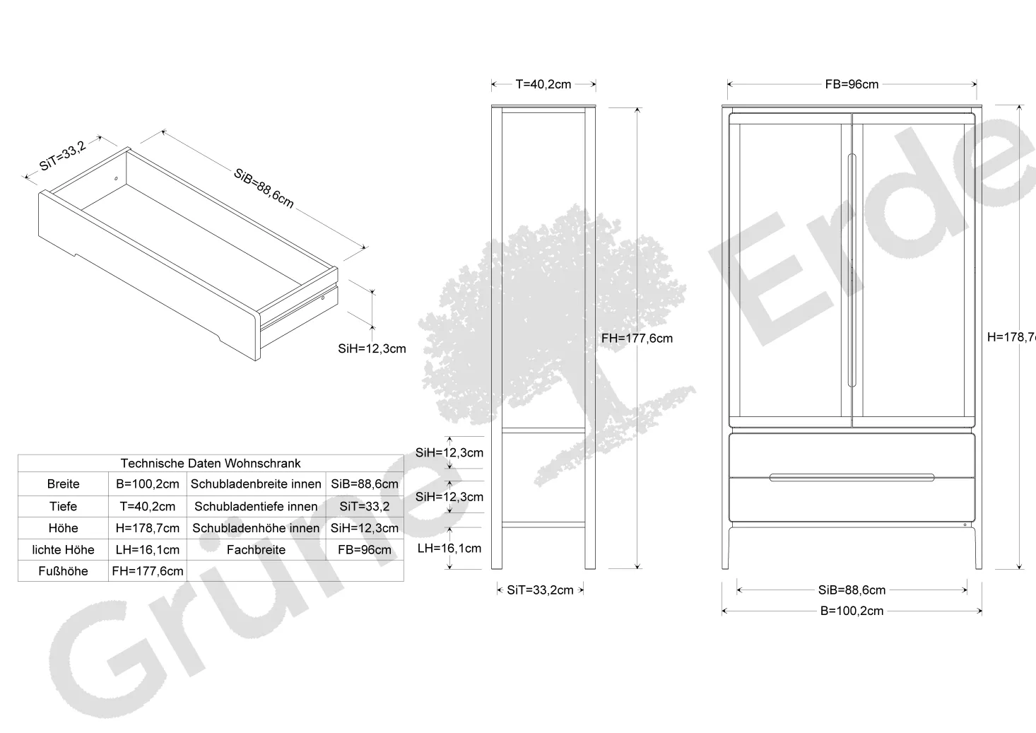 Vitrine Tenso 2-türig2 Laden (Holz, Buche, 2-türig, 2 Laden)