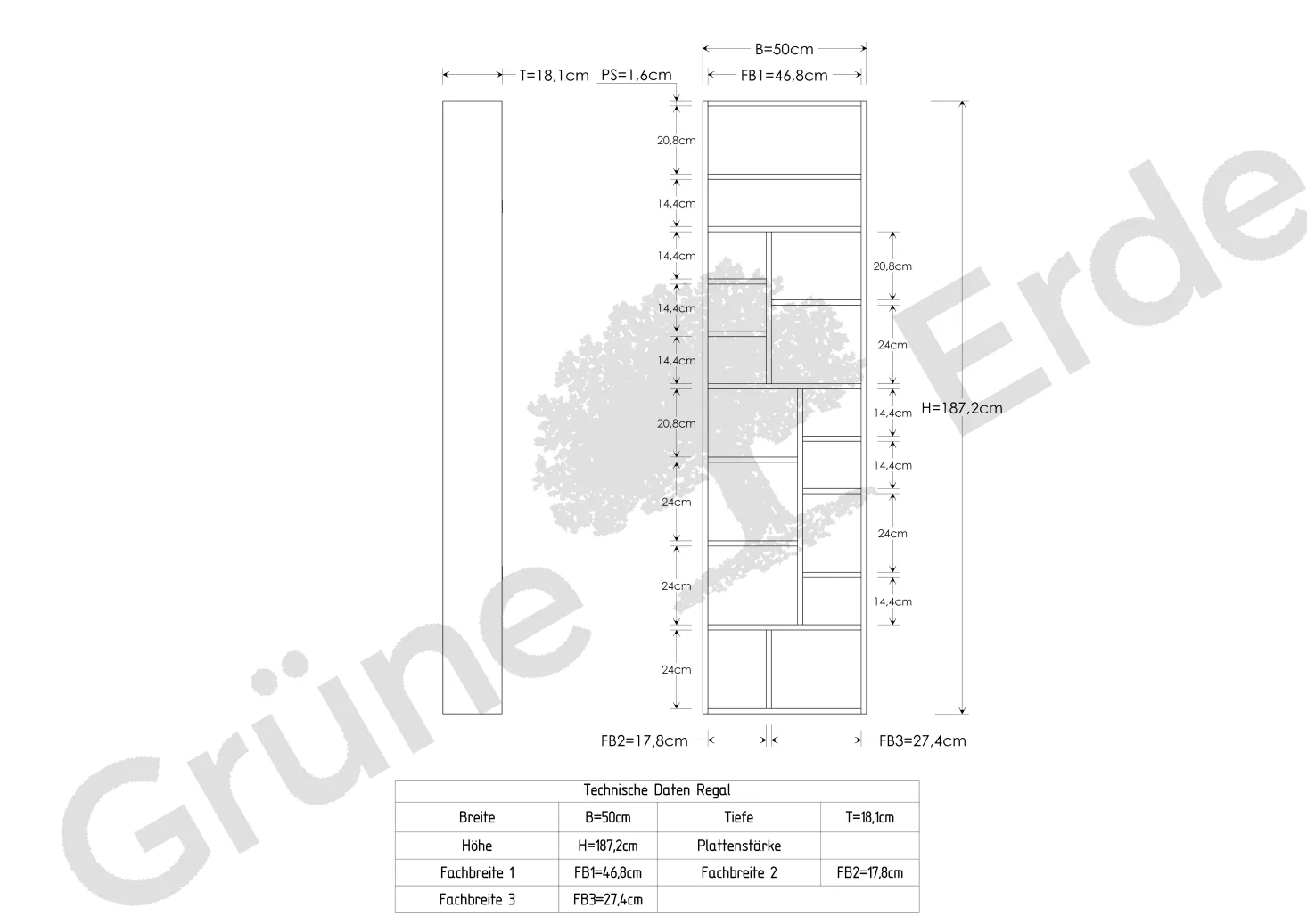 Wandregal Piet hochB 50 x H 187 x T 18 cm (Eiche)